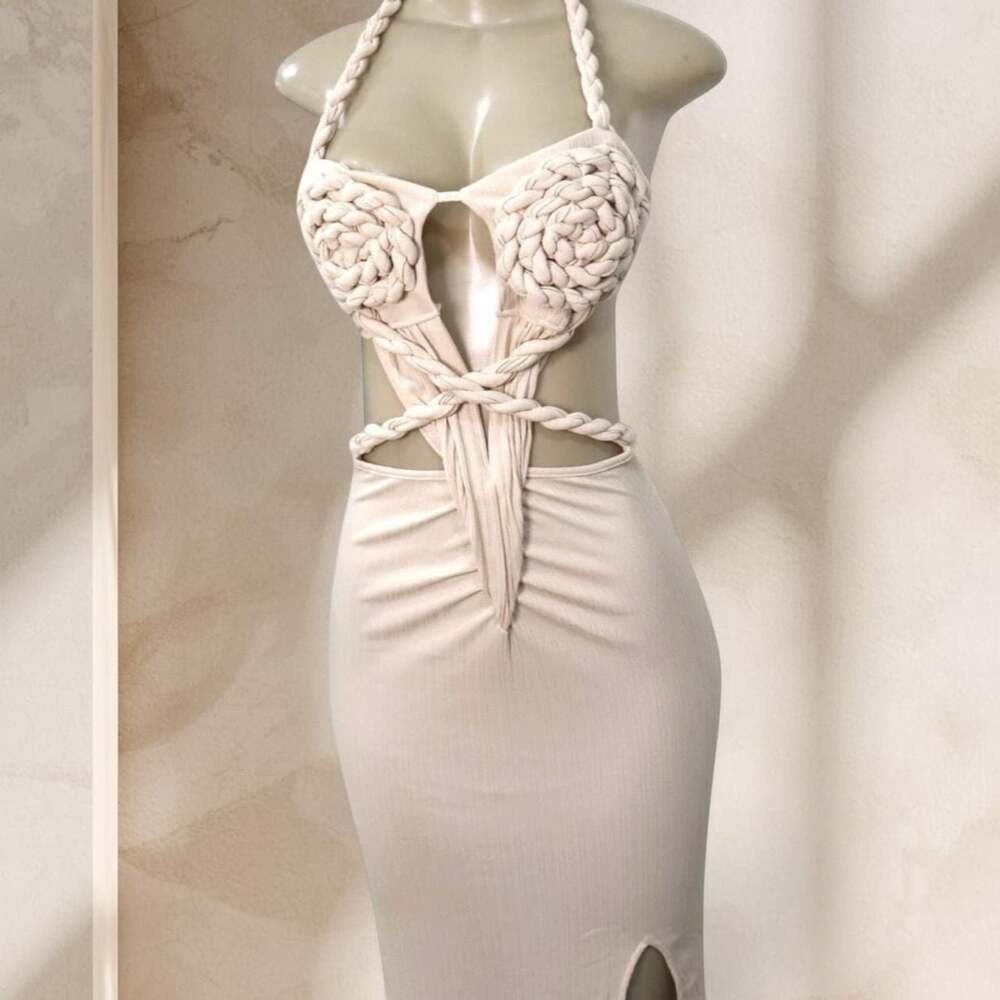 Beige Cutout Maxi Dress – Halter Neck Braided Detail Bodycon w/ Sexy Chic ✧ S - Picture 2 of 5
